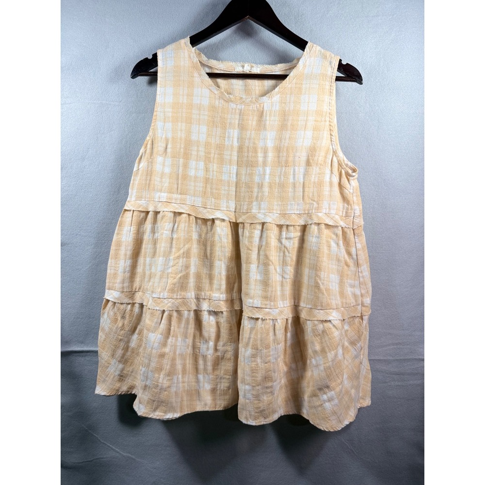 Easel Yellow Plaid Tiered Babydoll Top Sleeveless Cotton Boho ET9530 Small
